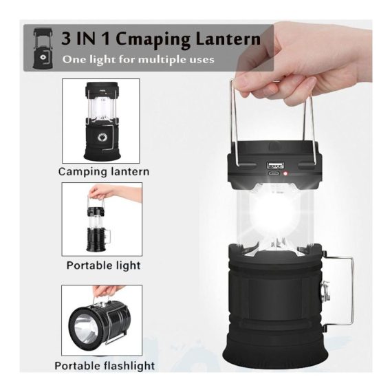 LED Campinglampe Solar | Wiederaufladbare USB Taschenlampe | Wasserdicht & Notfallleuchte für Outdoor-Aktivitäten | Zeltleuchte für Wandern Angeln & Ausfälle (schwarz