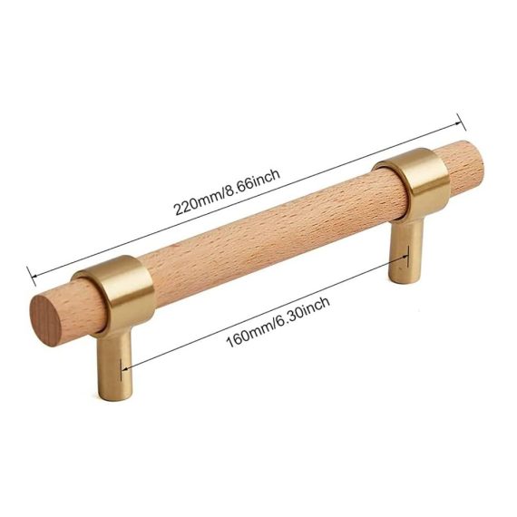 Buchenholz-Türklinken-Set mit 6 Griffen aus massivem Messing – Goldene Griffbeschläge für Schminktisch Bücherregal und mehr – 160mm/6.30 Inch Griffe für vielseitige Anwendung