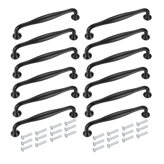 12 Stück 128mm Schwarze Küchengriffe & Möbelknöpfe - Aluminiumlegierung mit Schrauben für Schränke