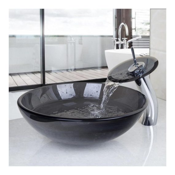 Design-Waschtisch-Set Rundes 415 cm Glasbecken in Grau mit Siphon Abflussrohren und Wasserhahn – Hochwertiger Ausgussbecken-Brand für stilvolle Badezimmer