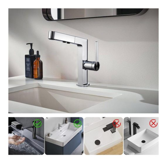 Chrom Handbrausen Waschtischarmatur - Moderne Badezimmerarmatur mit ausziehbarer Handbrause (2 Modi) für Waschbecken - Hochwertige Waschtischarmaturen mit Handbrause für Ihr Badezimmer
