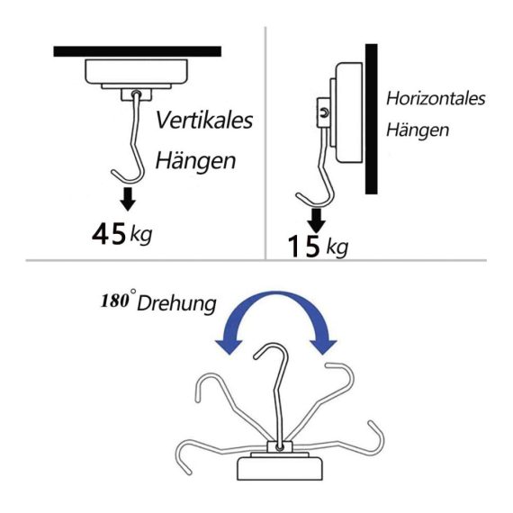 Magnetische Haken Extra Stark (45KG) - Neodym Magnethaken für Grillwerkzeug Drehbarer Magnet-Haken mit Haken für Decke Magnettafel Küche & Büro (6 Stück Silber
