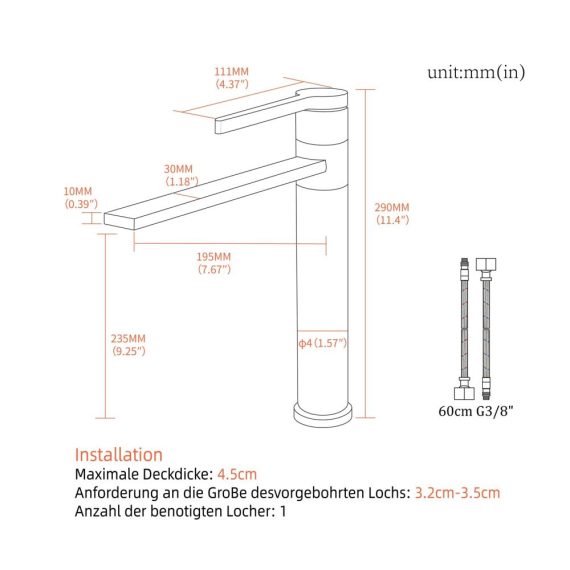 Badarmatur mit 360° Drehung | Einhebelmischer für Waschtisch und Badewanne | Gebürsteter Wasserhahn mit hochwertiger Mischbatterie | Moderne Armatur für Waschtisch und Wanne (Modell 1M2OK-T