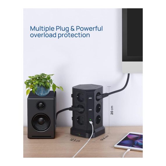 12-fach Steckdosenleiste mit Überspannungsschutz und 20W USB-C Ports - PD3.0 Unterstützung - 4 USB-A - 3680W/16A - Ideal für Zuhause & Büro