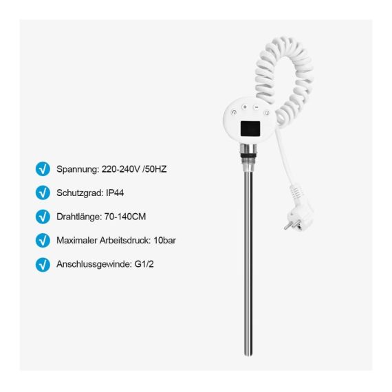 Heizkörper Heizstab - Elektronischer Temperaturregler Thermostat Timing-Funktion - Weiß 900 Watt