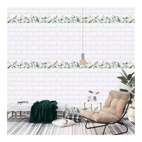 3D-Backstein-Wandpaneele Weiße Schaumstoff-Tapete mit Grünem Blatt-Druck-Design - Wanddekoration für Wohnzimmer und Schlafzimmer (10m