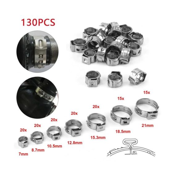 130 Stufenlose Einzelohr-Schlauchschellen aus 304 Edelstahl + Klemmzange | Rohrschellen-Set für Schläuche 7–21mm | Cinch-Klemmringe inklusive