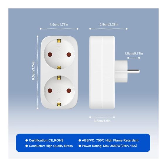 2 Fach Steckdosenadapter 3er Pack - 250V/16A 3680W Max - Schuko Doppelstecker für Haushaltsgeräte & Smartphones - Tragbare Mehrfachstecker 1 auf 2 Adapter