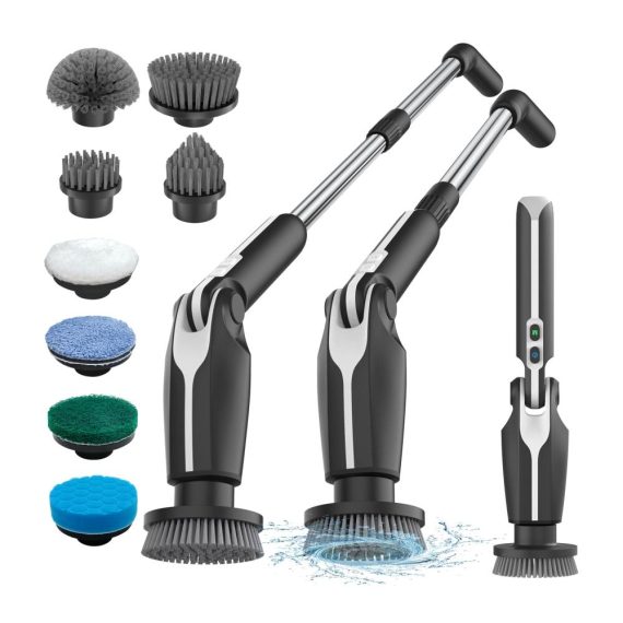 Elektrische Reinigungsbürste 2024 - Hochleistungs Spin Scrubber mit 8 Bürstenköpfen Fernbedienung Verstellbarem Langgriff (38-132CM) 2 Geschwindigkeiten - Ideal für effektive Badezimmerreinigung (Schwarz