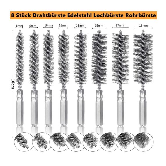 8-teiliges Set Edelstahl Drahtbürsten für effektive Reinigung Zylinder- Loch- Rund- und Kesselbürsten