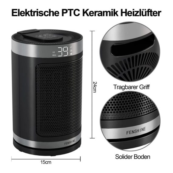Heizkörper Fenshine PTC-Heizlüfter - Keramik-Heizlüfter 1500 W Fernbedienung tragbar energiesparend 12 Stunden Timer automatische Abschaltung programmierbar leiser Raumheizer für den Innenbereich
