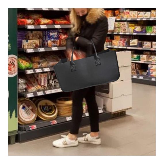 2er Set Große Filztaschen für Holzkörbe und Kaminholz - Schwarz | Faltbarer Filz Shopper für Zeitungen und Einkäufe | Praktischer Kaminholzkorb in Maßen (Schwarz-2 Pcs Set