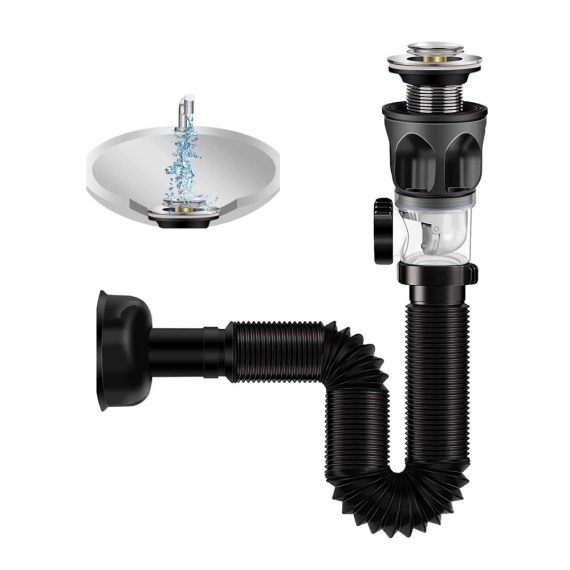 Flexibler Siphon für Waschbecken & Spülen | Geruchsdichter Ablaufschlauch mit Pop-Up-Filter | Erweiterbar auf 300-1000mm