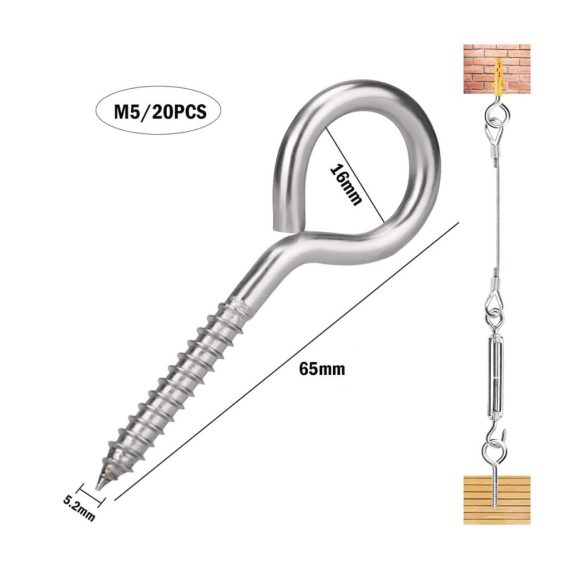 Edelstahl Schraubhaken Set - 20 Stück M5 Ringschrauben mit Gewinde Ösenhaken 65mm Augenbolzen für vielseitige Anwendungen
