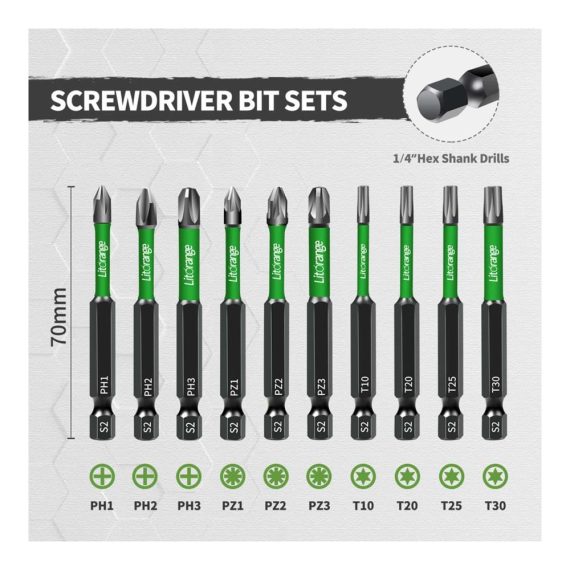 10-teiliges Schraubendreher Bit Set 70mm - Starke Magnetkraft 1/4 Sechskantschaft Phosphid Schwarz Beschichtung - Ideal für Schlagschrauber - Hochwertige Bitsätze