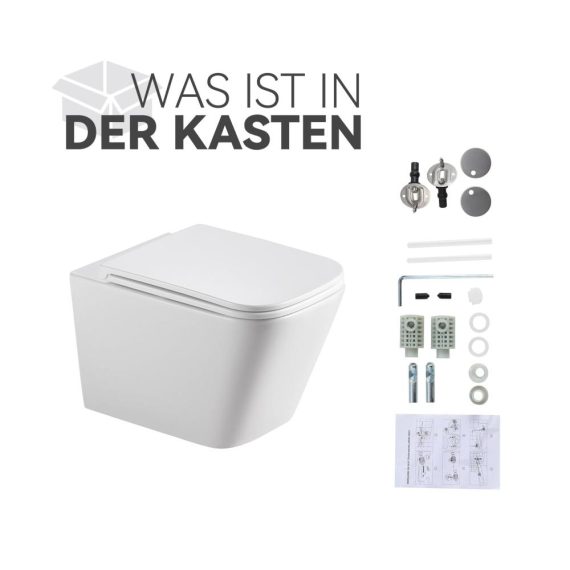 Moderne wandhängende Toilette aus weißer Keramik - Quadratisches Design mit WC-Sitz Siphon und sanfter Schließung - Leicht zu reinigen für Gästezimmer und Bad