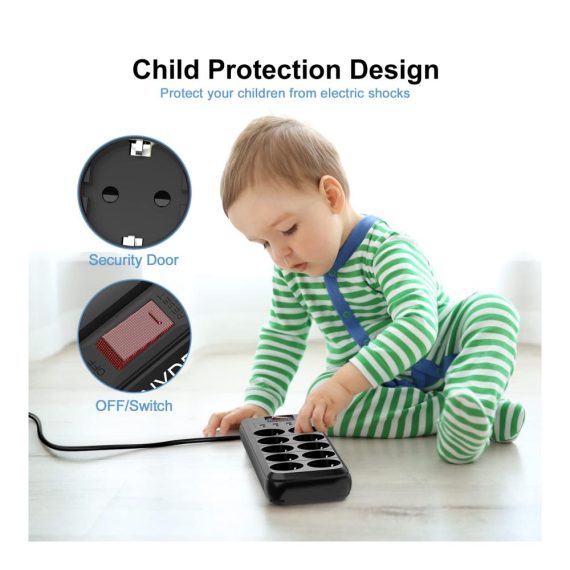 10-Fach Steckdosenleiste mit USB Überspannungsschutz Wandmontage Kindersicherung - 4000W 16A 4 USB-Anschlüsse 2M Kabel Steckerleiste für Zuhause und Büro