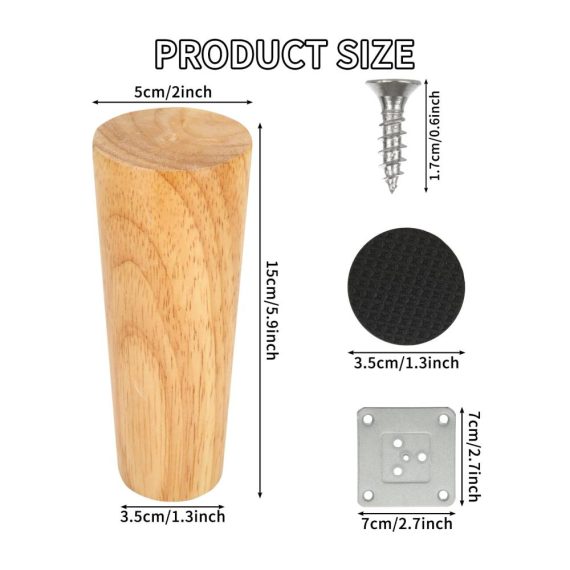 4er Set 15cm Konische Massivholz Möbelfüße - Runde Tischbeine mit Montageplatte und Gummipads für Sofa Bett Schrank Couch & Stuhl - Ersatzbeine für Möbel aus Holz