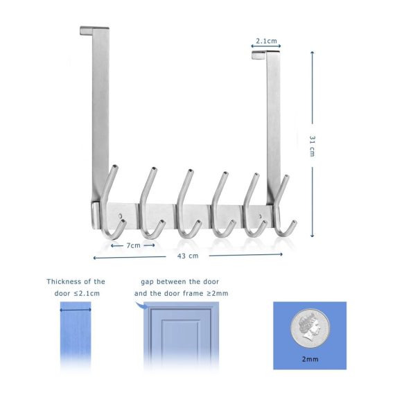 Edelstahl Türhakenleiste ohne Bohren - Platzsparende Türgarderobe für Deutsche Türen in Küche und Badezimmer mit 6 Haken (Silber 21 cm dick