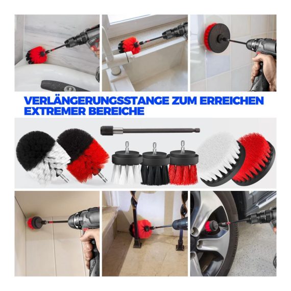 8-teiliges Akkuschrauber Bürstenaufsatz-Set für Auto Felgen Polster & mehr - Weiche und harte Bohrbürsten für Fliesen Badewannen - Drill Brush Kit
