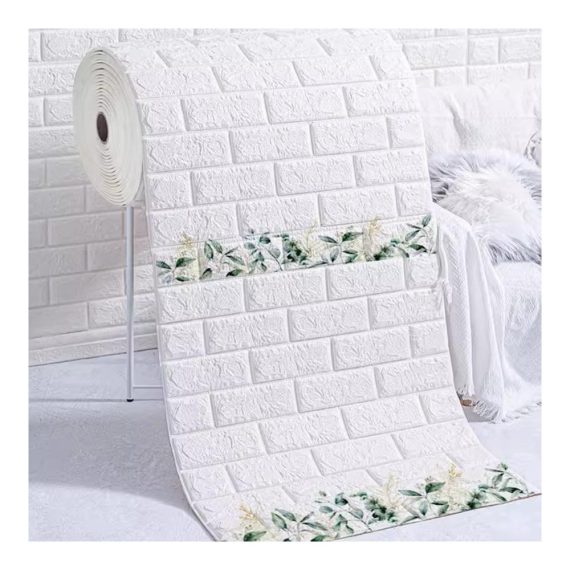 3D-Backstein-Wandpaneele Weiße Schaumstoff-Tapete mit Grünem Blatt-Druck-Design - Wanddekoration für Wohnzimmer und Schlafzimmer (10m