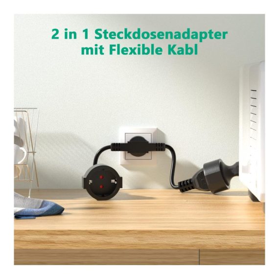 2-in-1 Steckdosenadapter mit Schutzkontakt Flexiblem Verlängerungskabel (250V/13A) – Doppelstecker für Küche und Zuhause Mehrfachsteckdose mit 2 Schuko Steckdosen 3x1.5mm² Kabel