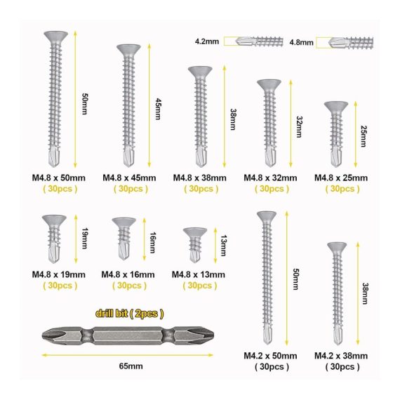 Blechschrauben HSEMALL 300PCS M4.2 M4.8 Edelstahl Selbstschneidende Schrauben mit Phillips Senkkopf und Selbstbohrfunktion – Set inklusive zwei Cross Bits