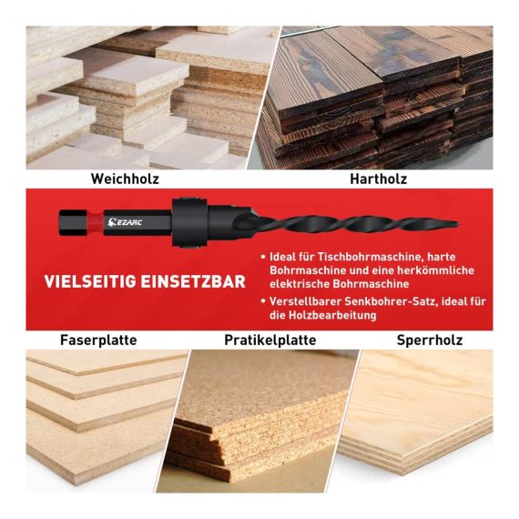 10-tlg. Holzsenker & Senkbohrer Set mit 1/4 Hex Schaft - Effiziente Holzbohrer und Kegelsenker mit Holzstopfen Schneider für präzise Holzverarbeitung