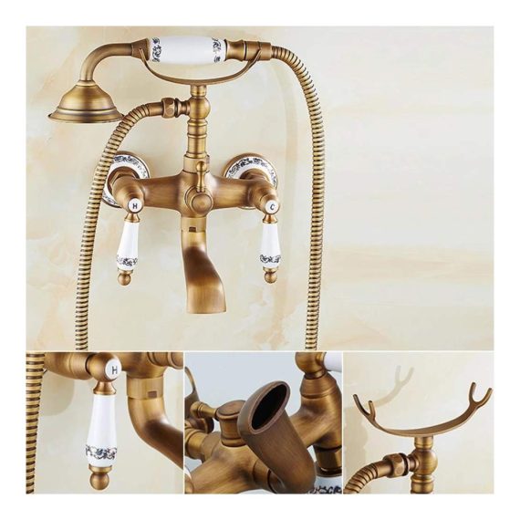 Antike Bronze Wand-Duscharmatur für Badewannen & Duschsysteme mit Handbrause Zweigriff Messing Wannenarmatur Keramikkartusche Wandhalterung - Aufputz Wannenmischer & Dusche Set