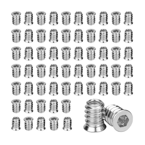 Gewindeeinsätze B-0105 60er Set M6 Einschraubmutter Helicoil für Holzmöbel - Hülsenmutter Eindrehmuffe Gewindebuchse mit Innensechskant M6x15mm für stabile Verbindungen in Holz und Stahl
