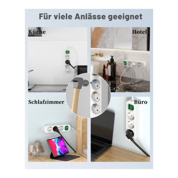 3-fach Steckdosenleiste mit Schalter und 3M Verlängerungskabel - Wandmontage Hitzebeständig Kindersicherung Kurzschlussschutz (weiß