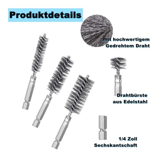 8-teiliges Set Edelstahl Drahtbürsten für effektive Reinigung Zylinder- Loch- Rund- und Kesselbürsten