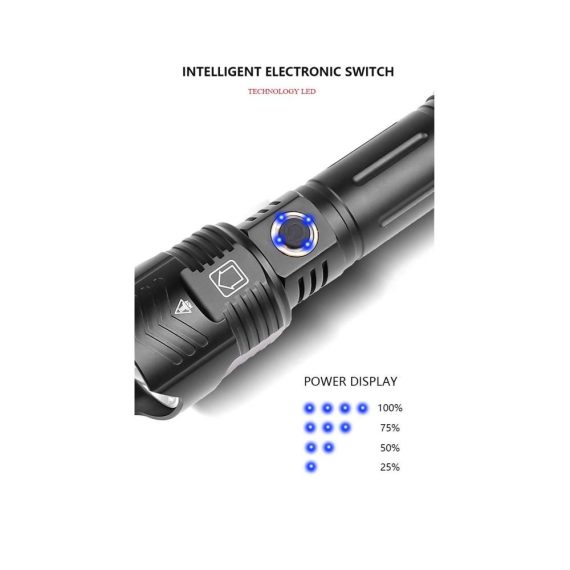 8000 Lumen XHP90 LED Taschenlampe - Taktische Taschenlampe mit USB-Wiederaufladung 5 Modi und Zoomfunktion - Perfekt für Camping und Wandern (Akku inklusive