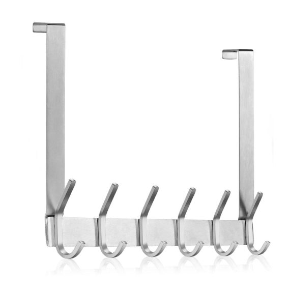 Edelstahl Türhakenleiste ohne Bohren - Platzsparende Türgarderobe für Deutsche Türen in Küche und Badezimmer mit 6 Haken (Silber 21 cm dick