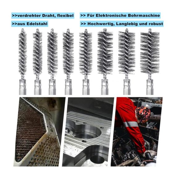 8-teiliges Set Edelstahl Drahtbürsten für effektive Reinigung Zylinder- Loch- Rund- und Kesselbürsten