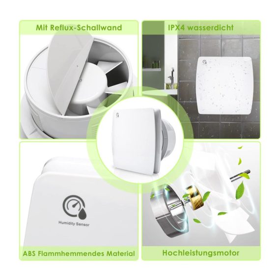 Leiser Feuchtigkeitssensor Badlüfter mit Timer und Rückstauklappe - Perfekt für Wohnraum Badezimmer und Küche (100mm weiß