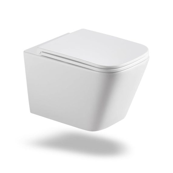 Moderne wandhängende Toilette aus weißer Keramik - Quadratisches Design mit WC-Sitz Siphon und sanfter Schließung - Leicht zu reinigen für Gästezimmer und Bad
