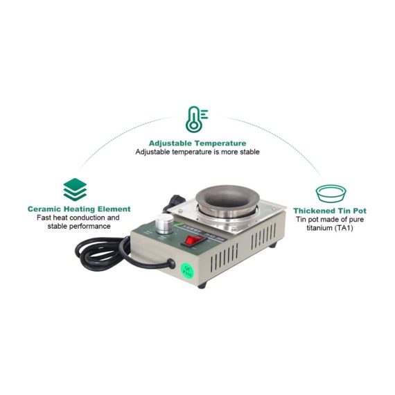 Löttiegel 200W Professioneller Bleifreier Lötkolben mit 50MM Titan-Schmelztiegel 500G Kapazität einstellbare Temperatur 200-450°C inkl. Extra Lötpaste und Schaber