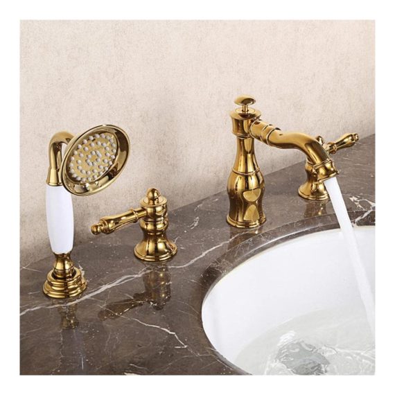 Badewannenarmatur 4-Loch Kupfer Titan Gold - Praktische Wannenrandarmatur mit Zwei Griffen für Kalt und Kaltwasser - Moderne Wannenkombination Wasserhahn für stilvolle Badewannen