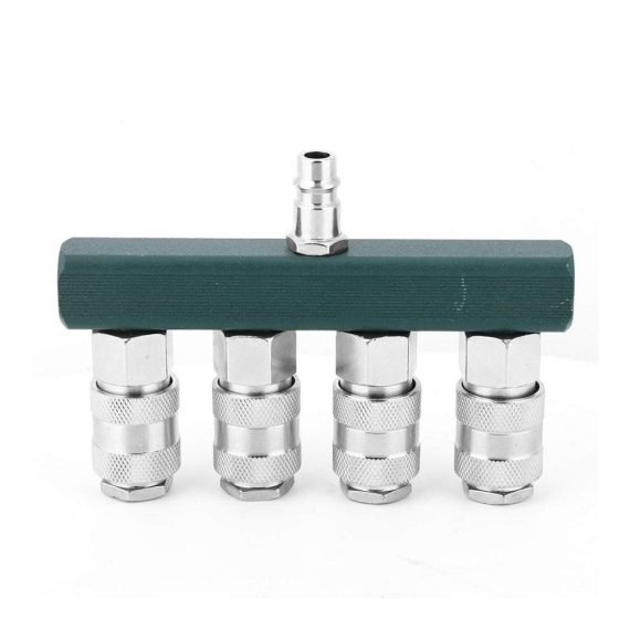 Druckluftverteiler 1/4 Zoll 4fach mit Wandanschluss und Schnellkupplungen - Hochwertiges Messing Anschluss- & Verbindungsstücke Set für effiziente Druckluftverteilung