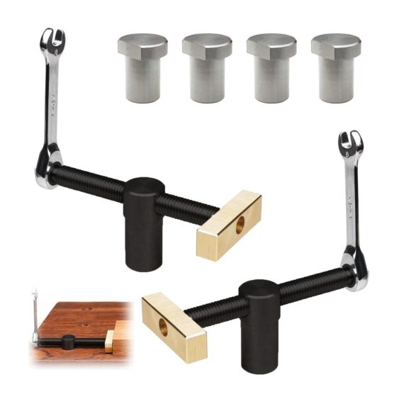 Schraubzwingen Set für Werkbank - 2 Stück Klemmen mit 4 Positionierungselementen Hobelbank Niederhalter 20mm Loch für Holzarbeiten und Schreibtischbefestigung