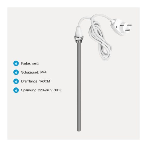 Edelstahl Elektro Heizstab 300W für Badheizkörper - Weißes Heizelement mit Stecker für effiziente Elektroheizungen und Handtuchtrockner