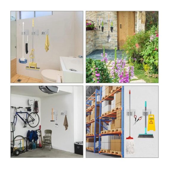 Mop und Besenhalter Set aus Edelstahl - Wandhalterung Organizer für Küche Garage und Garten - Selbstklebend und Bohrfrei - 4 Stück mit Haken