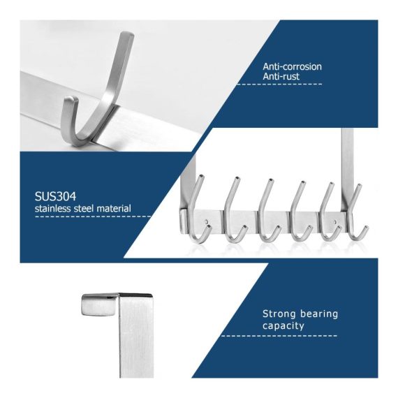 Edelstahl Türhakenleiste ohne Bohren - Platzsparende Türgarderobe für Deutsche Türen in Küche und Badezimmer mit 6 Haken (Silber 21 cm dick