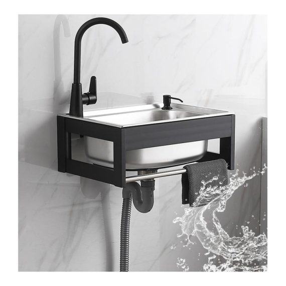 Edelstahl Wandwaschbecken mit Armatur - Rechteckiges Ausgussbecken (48x35x21cm) für Keller Garage Garten und Waschküche