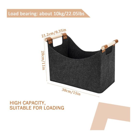 Faltbarer Filzkorb für Kaminholz mit Tragegriffen - Dunkelgrau 40 x 22 x 27 cm - Holzkorb für Holz Zeitungen und Kleidung