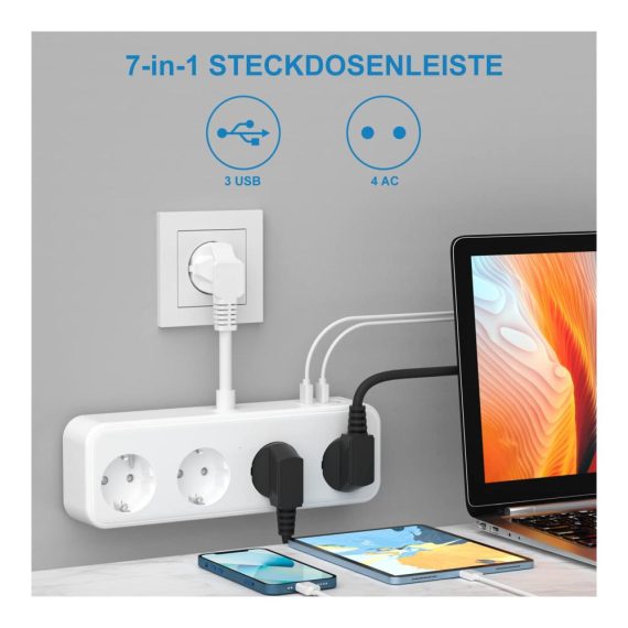 4-Fach Steckdosenleiste mit USB-Anschlüssen (5V/3.1A) - Weiß Mehrfachsteckdose für Schlafzimmer Reise und Büro Verlängerungskabel Steckdosenadapter 7 in 1