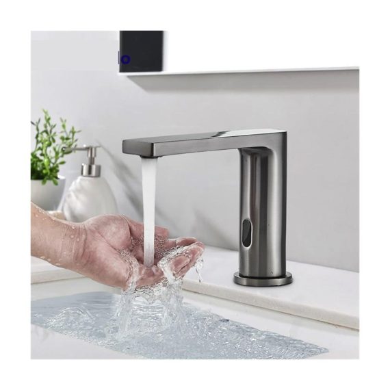 Smart Sensor Wasserfall-Wasserhahn in Gun Grey für Badezimmer - Automatischer Touch-Wasserhahn Becken-Deckmontage Heiß-Kaltwasser-Mischbatterie ideal zum Töpfefüllen (1 UK Gun Grey Short