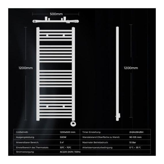 Elektrischer Badheizkörper 1200x500mm - Thermostat Timer LCD-Display 500W Seitenanschluss Weiß
