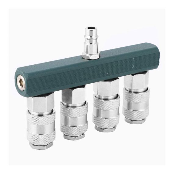 Druckluftverteiler 1/4 Zoll 4fach mit Wandanschluss und Schnellkupplungen - Hochwertiges Messing Anschluss- & Verbindungsstücke Set für effiziente Druckluftverteilung